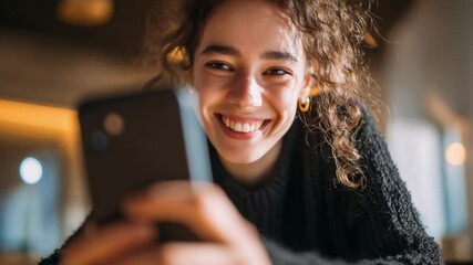 Joyful Connection: A portrait of a girl radiant with joy as she engages with her smartphone, symbolizing connection, communication, and modern life.
