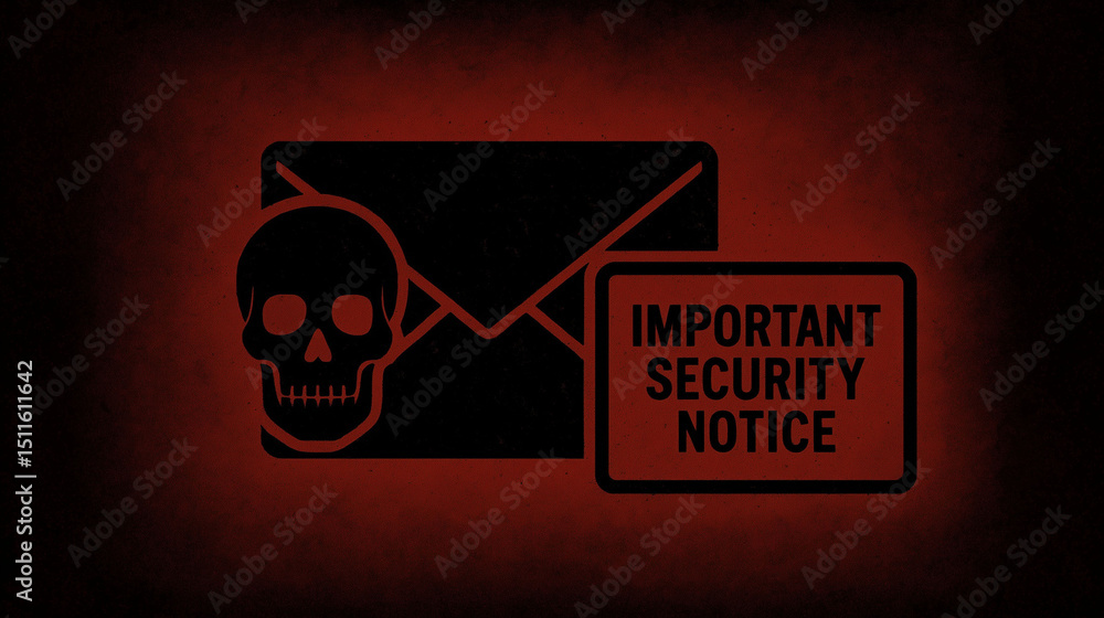 Poster important security notification with email icon and skull on red background symbolizing cyber threat