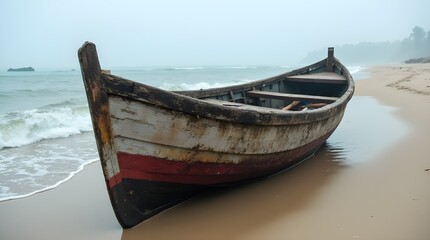 Fototapeta premium Closeup of old wooden rowboat washed ashore on a tropical beach