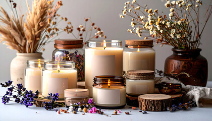 Glass jar candle mockup with realistic wax texture, warm soft lighting.	