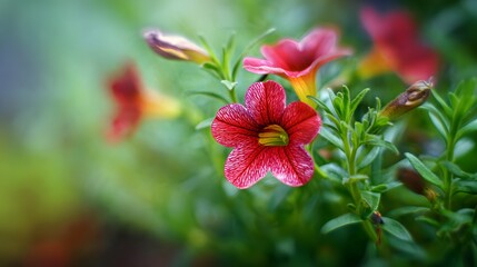 Vibrant red Calibrachoa blooms in focus, soft green backdrop. Nature's delicate beauty in a single...