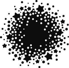 A black and white illustration featuring a cluster of stars and circles in a dynamic arrangement silhouette