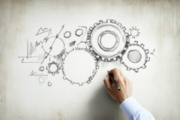 Hand drawing gears and abstract design on textured paper