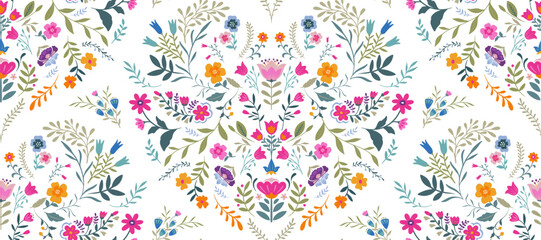 Vector seamless pattern with ornate insects, beetles, butterflies. Folk art floral natural endless background.