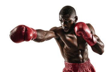Male boxer in red gloves punching right fist on isolated background