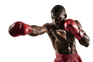 Male boxer in red gloves punching right fist on isolated background