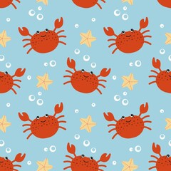 Cute seamless pattern with red crabs, starfish, and bubbles on blue background. Perfect for kids, summer, beach, or ocean-themed designs.