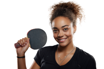 Girl holding a table tennis paddle on isolate background