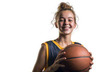 Girl holding a basketball at chest levelon isolate background