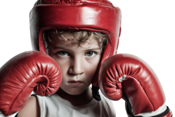 Young boy wearing red boxing gloves and headgear on isolate background