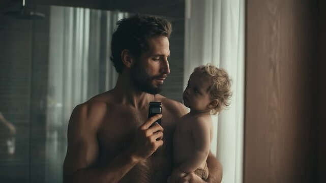 Father and Child: Bare-chested father stands in a bright room, lovingly holding his child and holding a shaver with another hand, enjoying a heartwarming moment of familial tenderness.