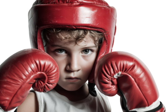 Young boy wearing red boxing gloves and headgear on isolate background
