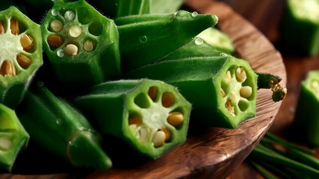 Close-up of fresh green okra pods, some sliced, on a wooden bowl, with water droplets on the vegetables. Healthy and raw vegan food ingredients.