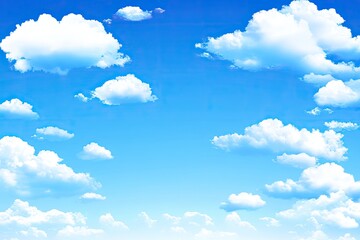 A vast expanse of a vivid blue sky dotted with fluffy white clouds