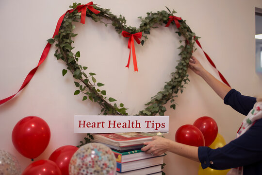 Heart health awareness display with green wreath and red balloons