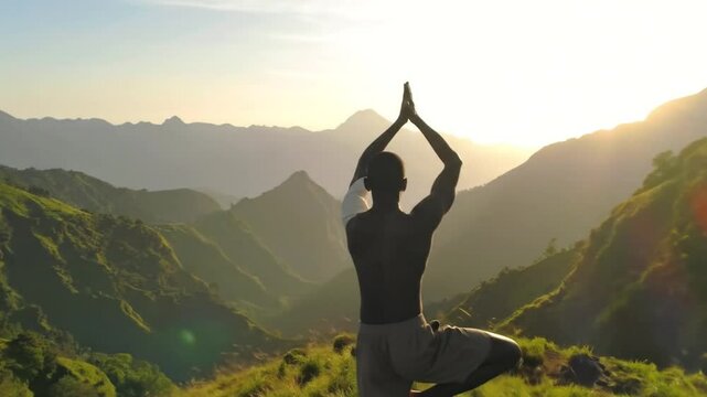 Man practices yoga in a serene mountain landscape at sunrise for wellness
