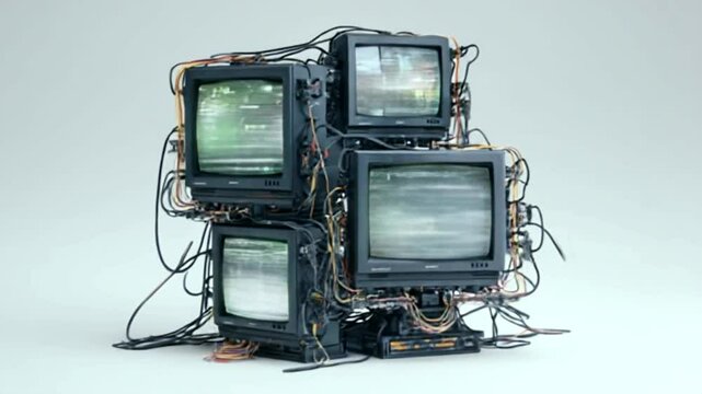 Stacked vintage televisions with tangled wiring