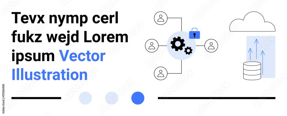 Poster user network icons connected to a gear with a lock, cloud with data upload, and database storage. id