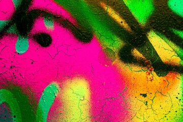Vibrant neon graffiti texture with cracked paint in pink, green, yellow. 80s, acid style, grunge look, fluorescent details. Urban art, backgrounds, creative designs, modern 90s, Y2K visuals.