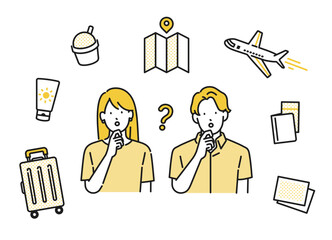 イラスト素材【旅行シーン】： 旅行のことで疑問を抱く若い男女、カップル