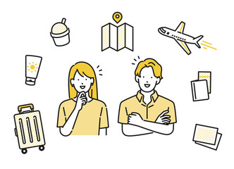 イラスト素材【旅行シーン】： 旅行計画をする若い男女、カップル