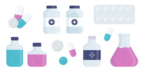 Medical icons: pills, capsules, bottles, tablets, syrups. Flat design, minimal style