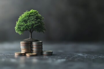 Increasing coin stacks with a tree growing on a pile of money representing financial growth and sustainability, Increasing coin stacks and tree on money pile, financial growth, space for text
