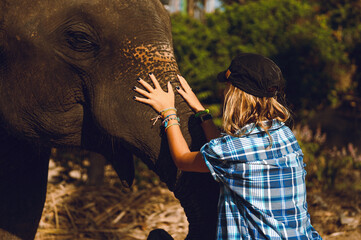 Young woman touching elephant’s face in outdoor nature setting