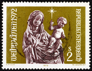 Postage stamp Austria 1972 Virgin and Child, 1420-30, wooden gothic sculpture in the filial church Inzersdorf, Christmas