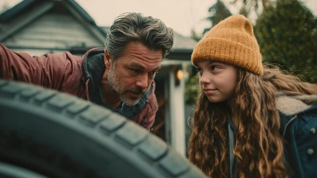 Father and Daughter Fixing a Tire: A heartwarming scene of a father and daughter working together to fix a flat tire, showcasing a strong bond and shared experience.
