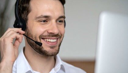 Happy male customer service agent wearing headset, providing excellent support.  Smiling, approachable, professional.