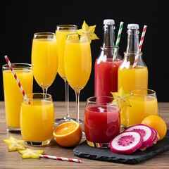A luxury mimosa bar setup featuring tall stemless wine glasses, a variety of exotic fruit juices, and garnishes like star fruit and dragon fruit slices