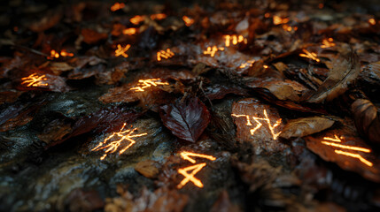 Forest floor covered with dry rustling leaves scattered around glowing carved mysterious symbols and runes

