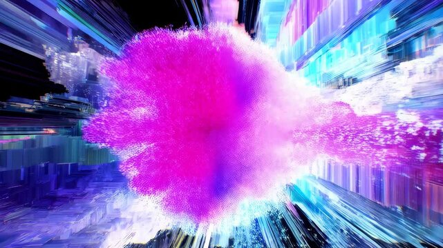 Abstract vibrant geometric pixelation effect with bursts of color and sharp edges, creating a modern digital art style with bright light