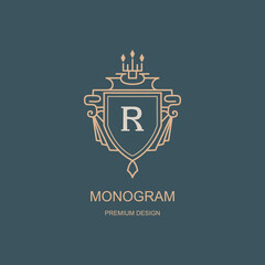 Elegant monogram with letter R inside heraldic shield, crowned with royal symbol. Gold outline on dark blue background. Art logo design. Perfect for luxury branding, boutique, premium product identity
