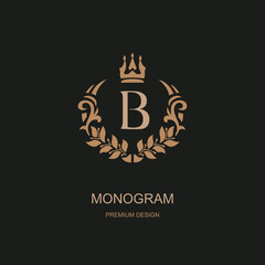 Vintage monogram with letter B and ribbon banner inscription "DESIGN". Decorative emblem with flourishes. Ideal for branding, boutique, packaging or retro-style identity. Vector illustration.