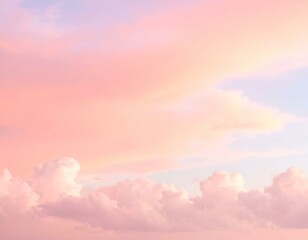 Obraz premium Pastel pink and purple sunset sky with fluffy clouds. Dreamy, serene, and peaceful atmosphere. Ideal for background or design.