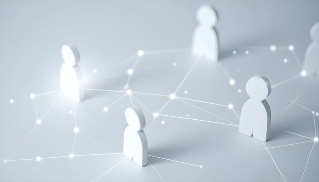Abstract image of interconnected white figures representing a network, collaboration, or team. Ideal for business, technology, and social media concepts.