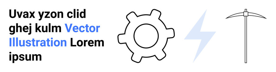 Gear, lightning bolt, pickaxe, and text elements conveying themes of technology, energy, tools, mining, industry mechanics and application development. Ideal for technology blog or simple landing