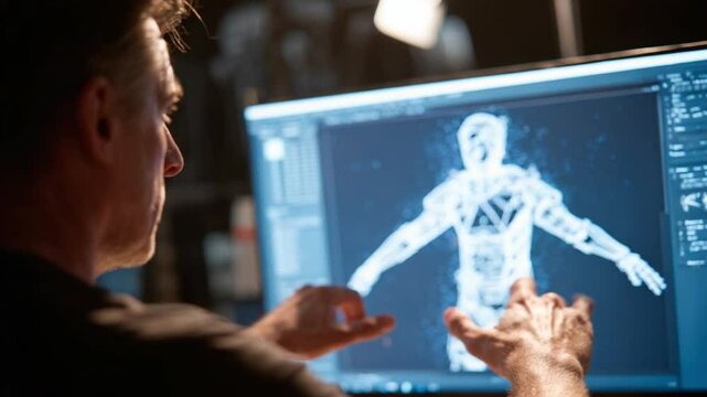 Digital Sculpting Process: A skilled digital sculptor meticulously refines a 3D model on a computer screen, showcasing the intricate details and craftsmanship involved in creating virtual characters.