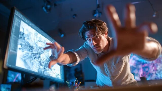 Digital Artist at Work: A focused digital artist interacts with the intricacies of a design project on a high-resolution computer monitor, highlighting the creative process of digital art.