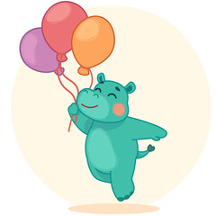 Funny cartoon hippo with colored balloons. Hippopotamus illustration for postcard, stickers, greeting card, invitation card, birthday party invitation, poster. Transparent background.