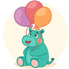 Funny cartoon hippo with colored balloons. Hippopotamus illustration for postcard, stickers, greeting card, invitation card, birthday party invitation, poster. Transparent background.