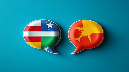 Fototapeta premium Two overlapping speech bubbles with flags symbolizing peaceful dialogue