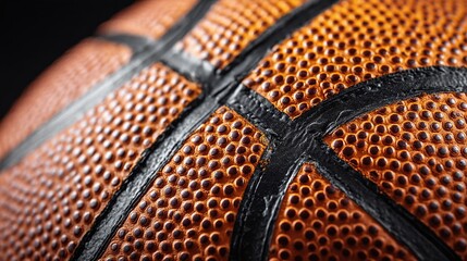 Obraz premium Textured close-up of an orange and black basketball shows the intricate details of the ball's surface and design. Macro photography captures its unique features.