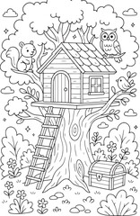 Obraz premium The Magical Treehouse Coloring Page. A secret treehouse nestled high in a giant tree, with rope ladders, hidden treasures, and animals peeking through the leaves
