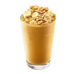 Delicious smoothie topped with banana slices and granola served in a clear glass