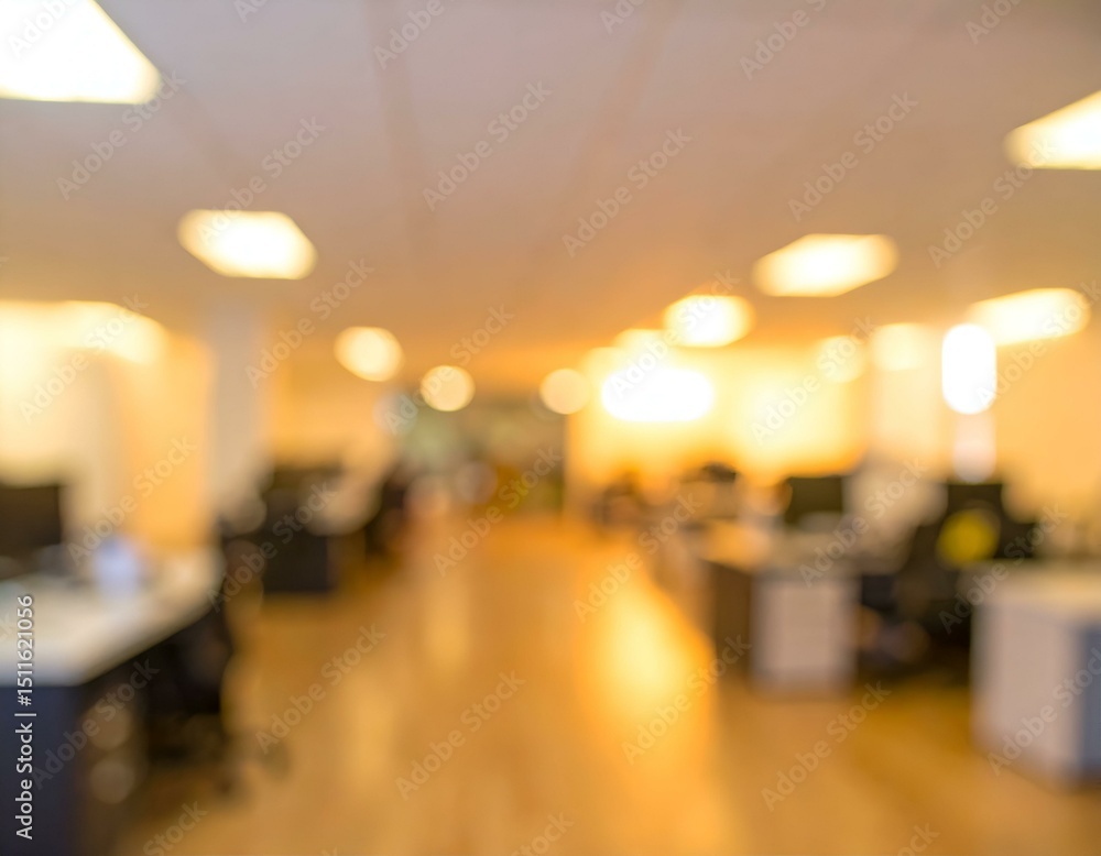 Poster abstract blurred image of a modern office interior with warm lighting and out-of-focus desks and com