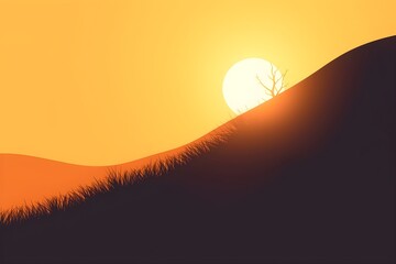 Sunset over rolling hills with a silhouetted barren tree. The warm yellow and orange tones create a serene, minimalist landscape