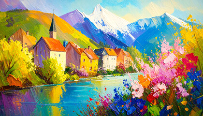 An oil painting of a village on the banks of a river surrounded by hills.